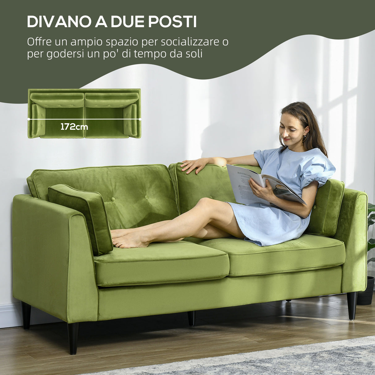 easycomfort easycomfort divano 2 posti classico in velluto con cuscini e trapuntato a bottoni 172x75x82cm verde