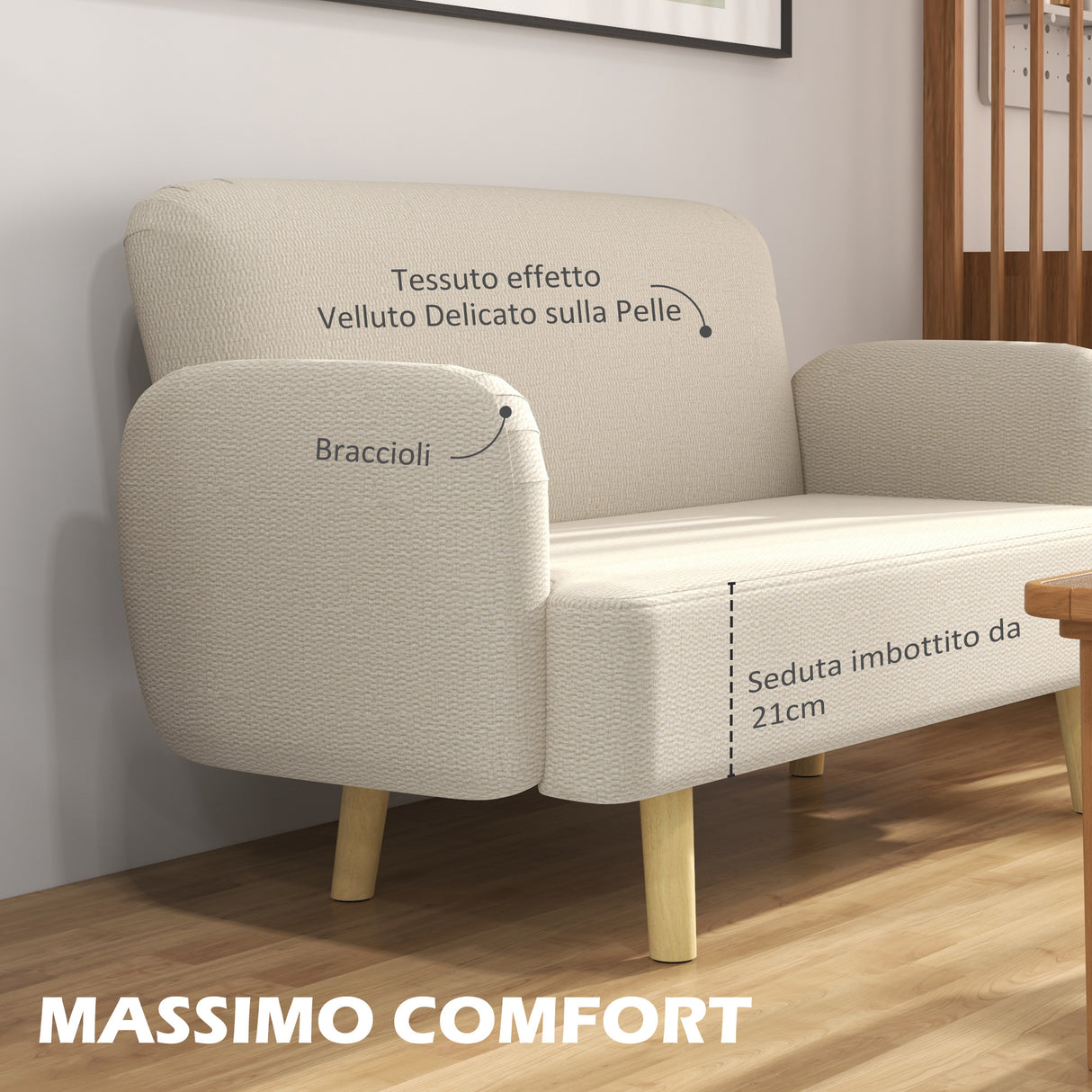 easycomfort easycomfort divano 2 posti moderno effetto velluto con imbottitura spessa 140x74x79cm bianco crema