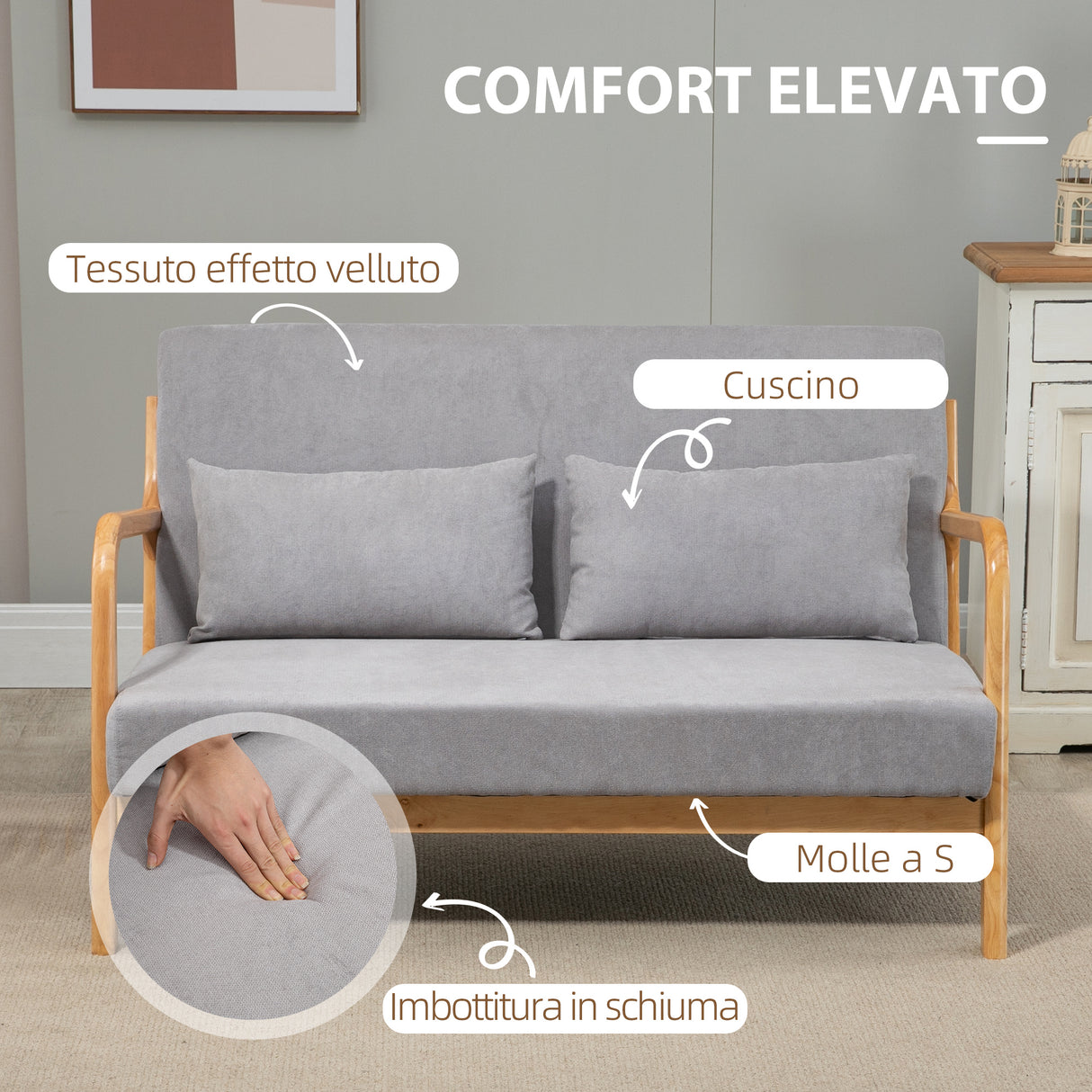 easycomfort easycomfort divano 2 posti moderno in legno con cuscini seduta imbottita e tessuto effetto velluto 122x80x72 cm grigio