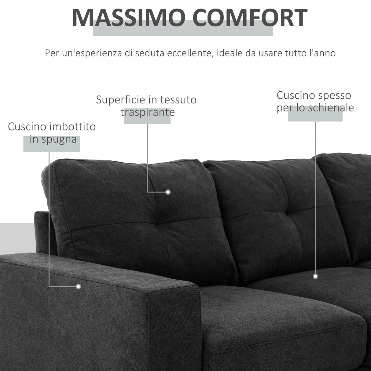 easycomfort easycomfort divano 3 posti ad angolo con penisola reversibile e cuscini in tessuto effetto lino 193x136x85 cm nero