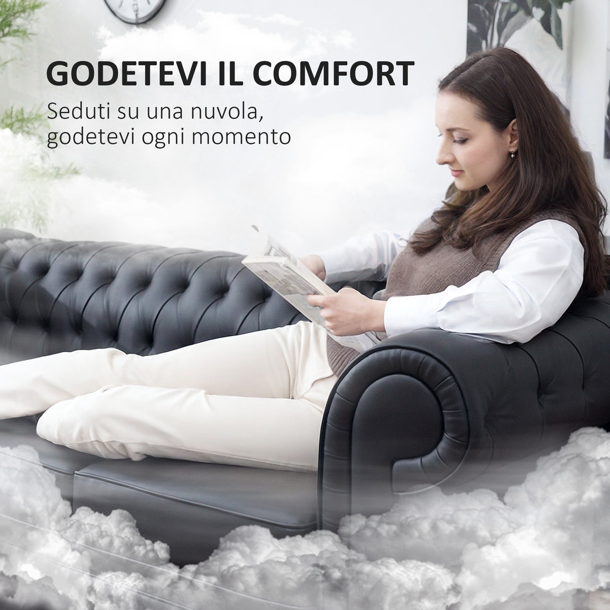 easycomfort easycomfort divano 3 posti stile chesterfield trapuntato con molle insacchettate finta pelle 213x86x79 cm nero