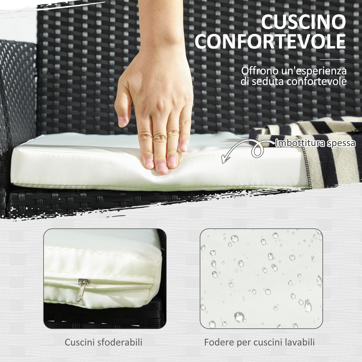 easycomfort easycomfort divano da giardino a 2 posti con cuscino e braccioli in rattan pe e acciaio 100x54x80cm nero