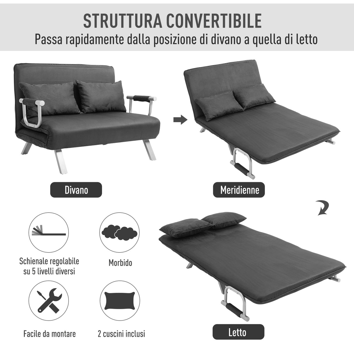 easycomfort easycomfort divano letto 2 posti in similpelle e acciaio con seduta regolabile in 5 posizioni 105x80x78 cm grigio