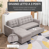 easycomfort easycomfort divano letto 3 posti con chaise longue contenitore in tessuto 217x134x85cm grigio