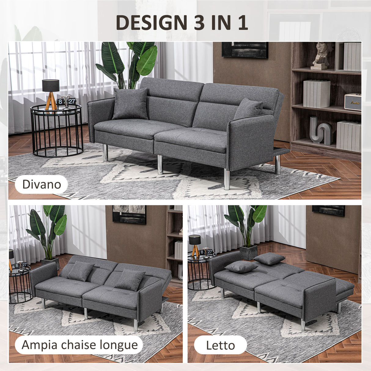 easycomfort easycomfort divano letto 3 posti con meccanismo clic clac schienale reclinabile e 2 cuscini 189x91x84cm grigio
