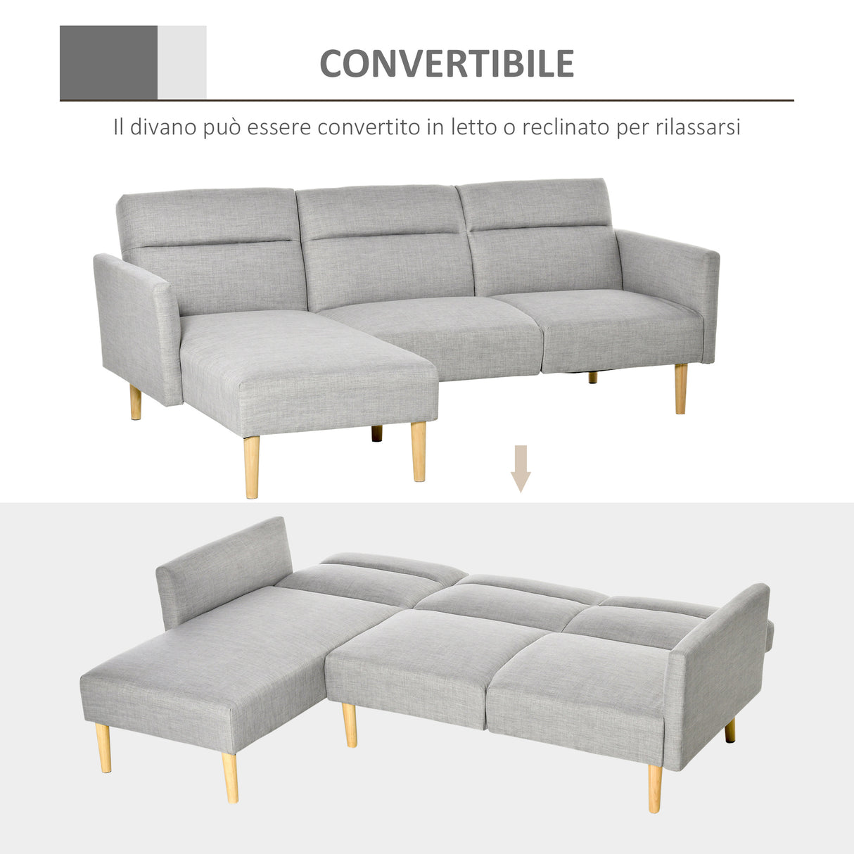 easycomfort easycomfort divano letto 3 posti divano angolare in tessuto grigio con schienale regolabile stile scandinavo 207x146x80cm