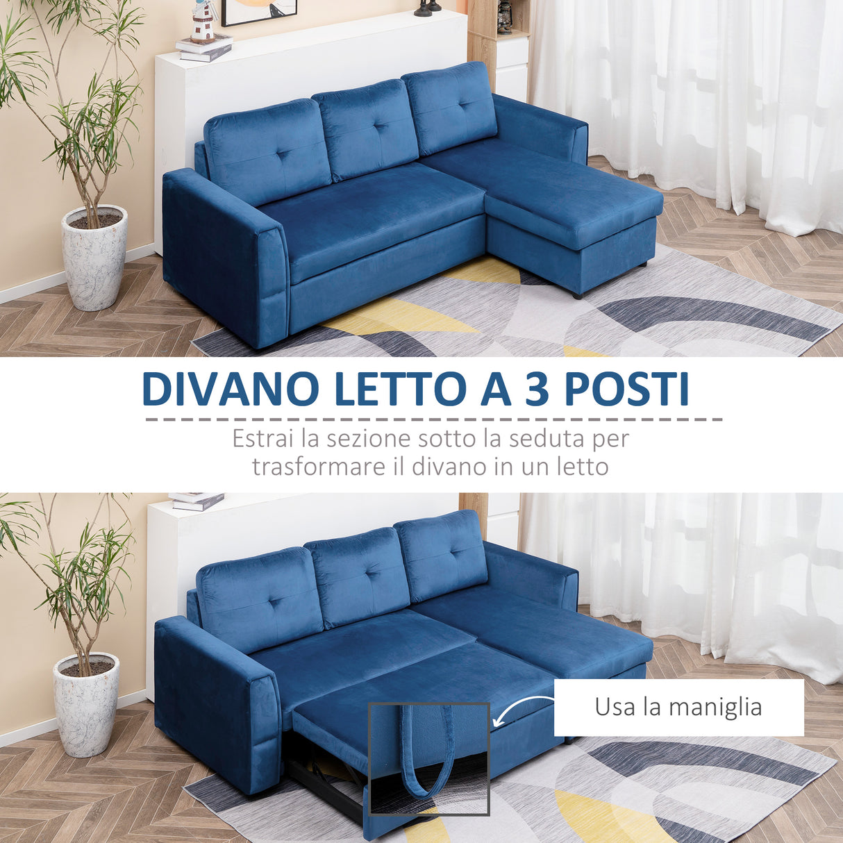 easycomfort easycomfort divano letto angolare 3 posti effetto velluto e chaise longue con contenitore 232x141x85cm blu