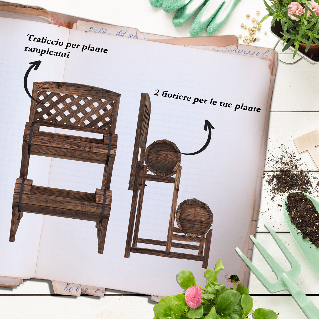 easycomfort easycomfort fioriera da esterno a 2 livelli con fori di drenaggio e griglia in legno di abete 42x49x80 cm marrone