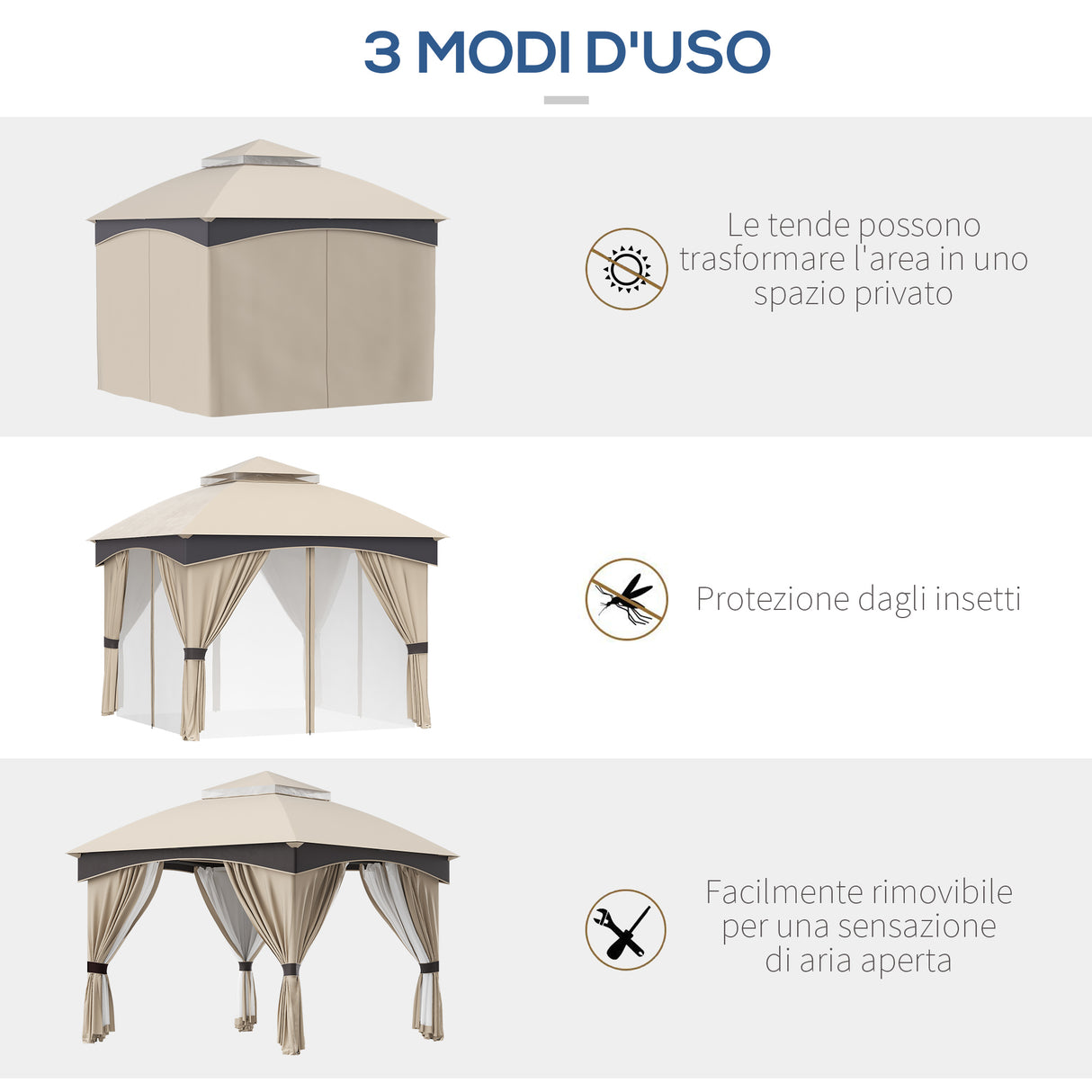 easycomfort easycomfort gazebo da giardino 3x3m in acciaio con doppio tettuccio e tende beige e grigio