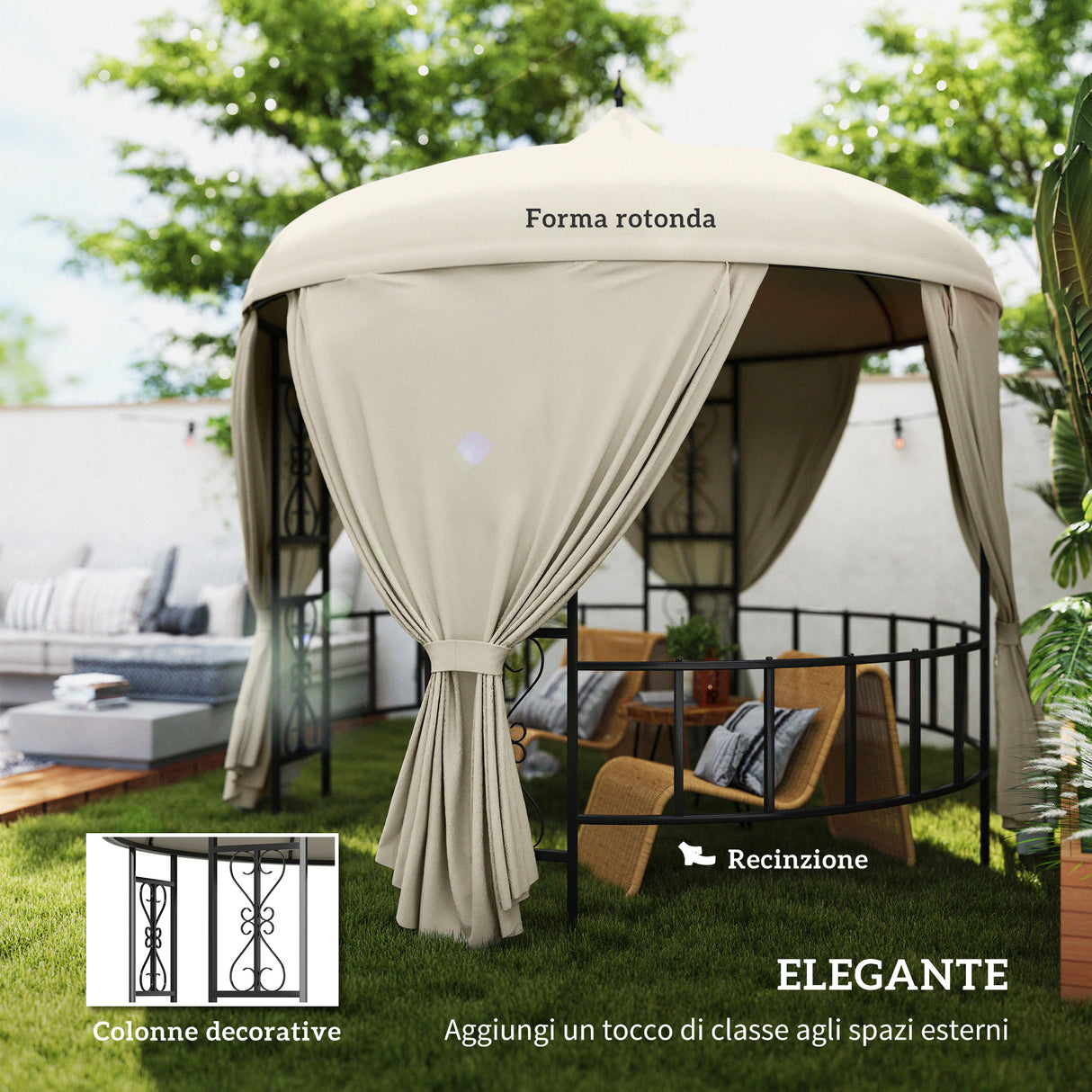 easycomfort easycomfort gazebo da giardino rotondo 3m con tende e prese daria in metallo e poliestere beige