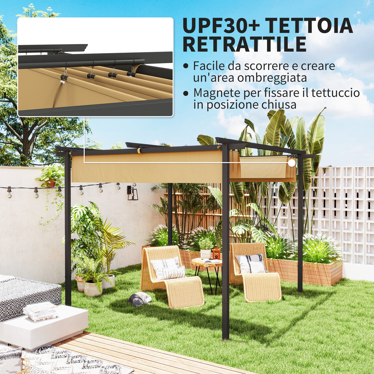 easycomfort easycomfort gazebo pergola 3x3 con tetto retrattile e fori di drenaggio in poliestere e acciaio beige e nero