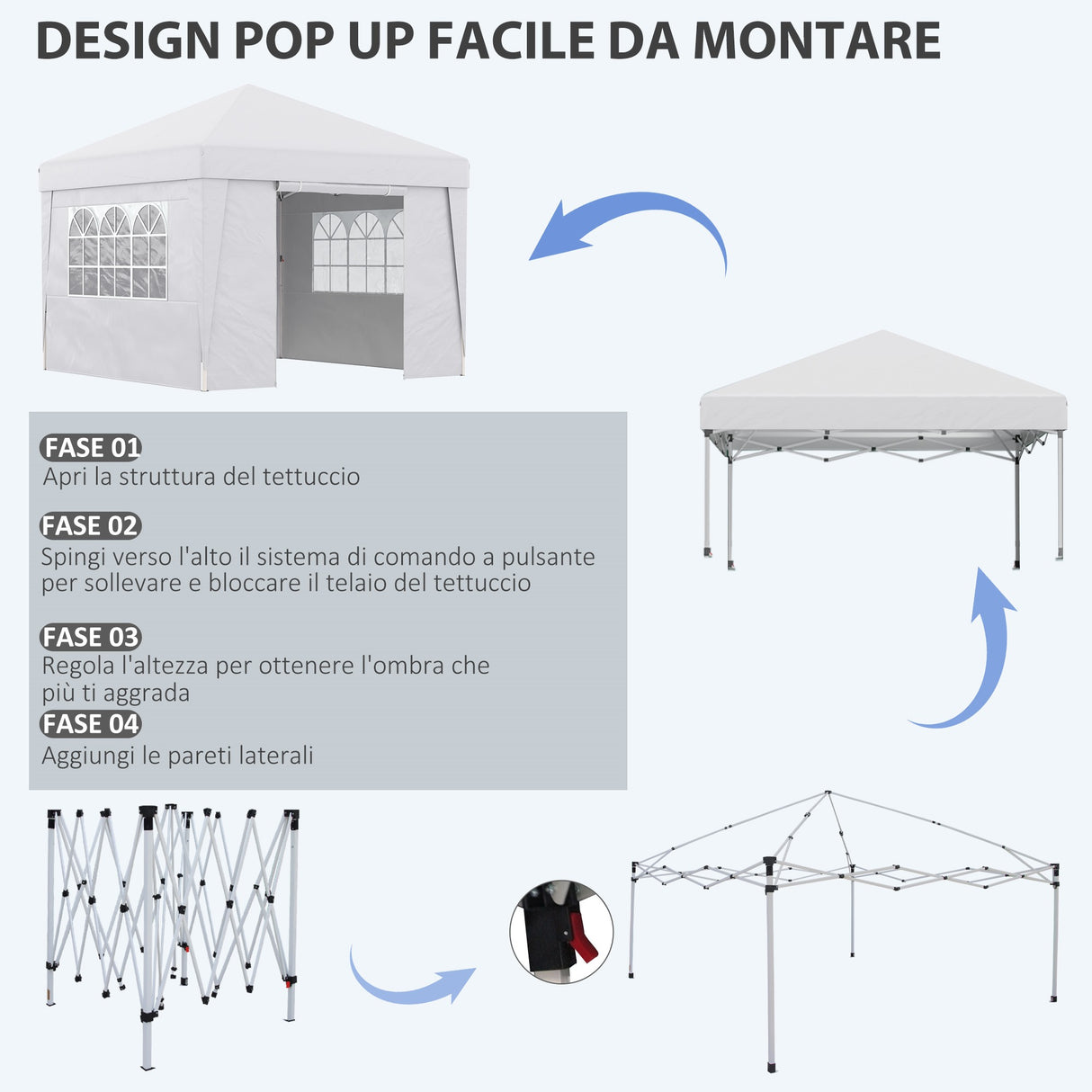 easycomfort easycomfort gazebo pieghevole 3x3 m con altezza regolabile con design pop up e finestre bianco