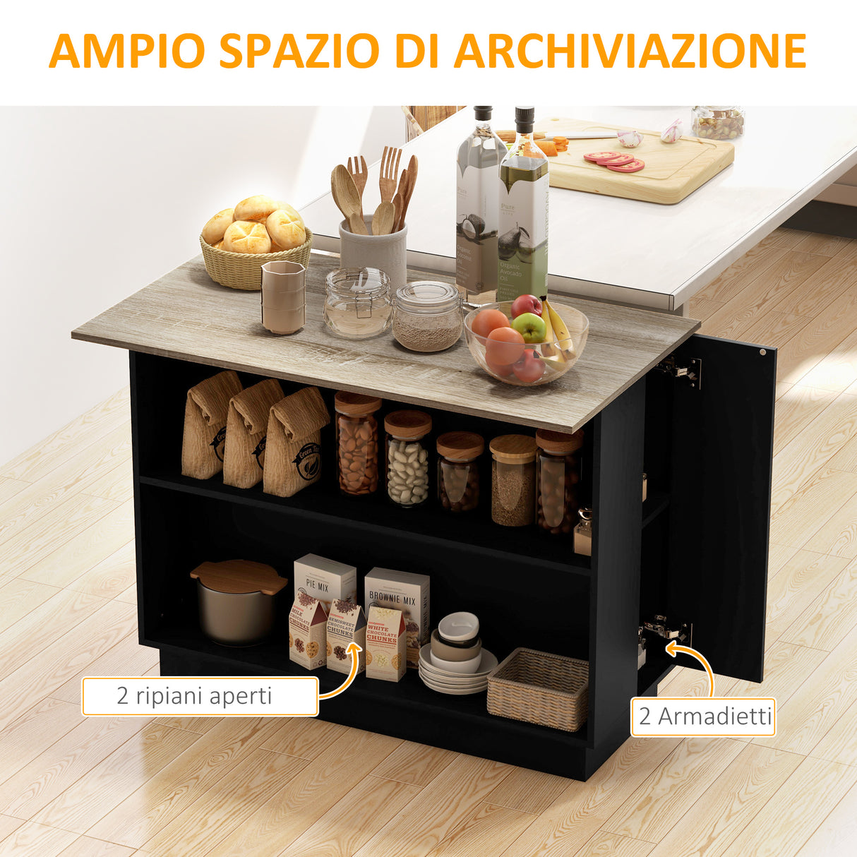 easycomfort easycomfort isola per cucina con 2 ripiani aperti e 2 armadietti in mdf 105x60x82 cm color rovere e nero