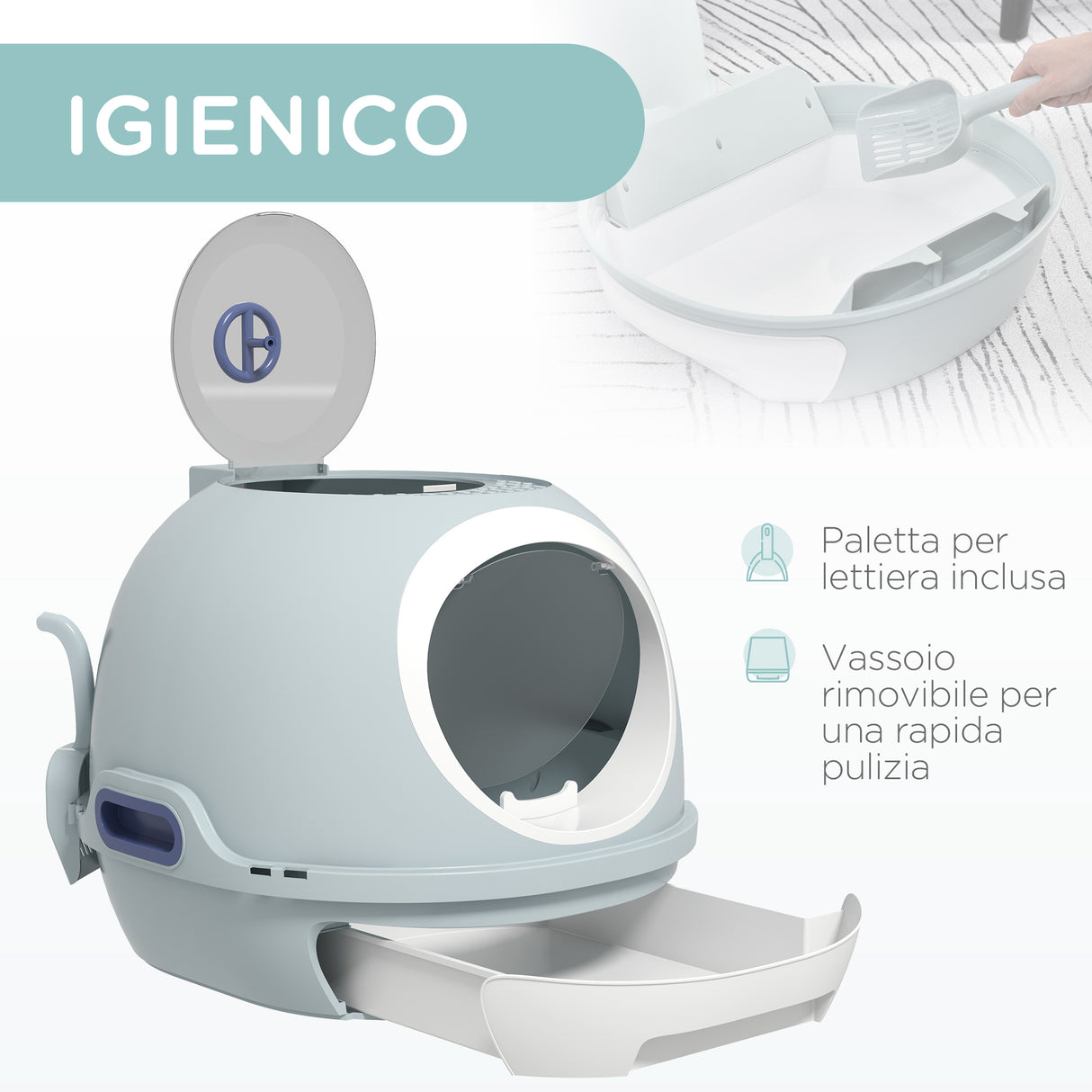 easycomfort easycomfort lettiera per gatti chiusa con vassoio estraibile 2 ingressi e paletta 47x55x44 cm azzurro