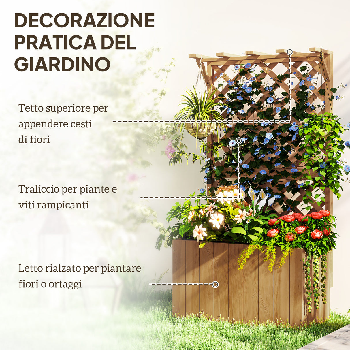 easycomfort easycomfort letto per orto rialzato con traliccio per rampicanti e pergola superiore 64x33x122 cm legno