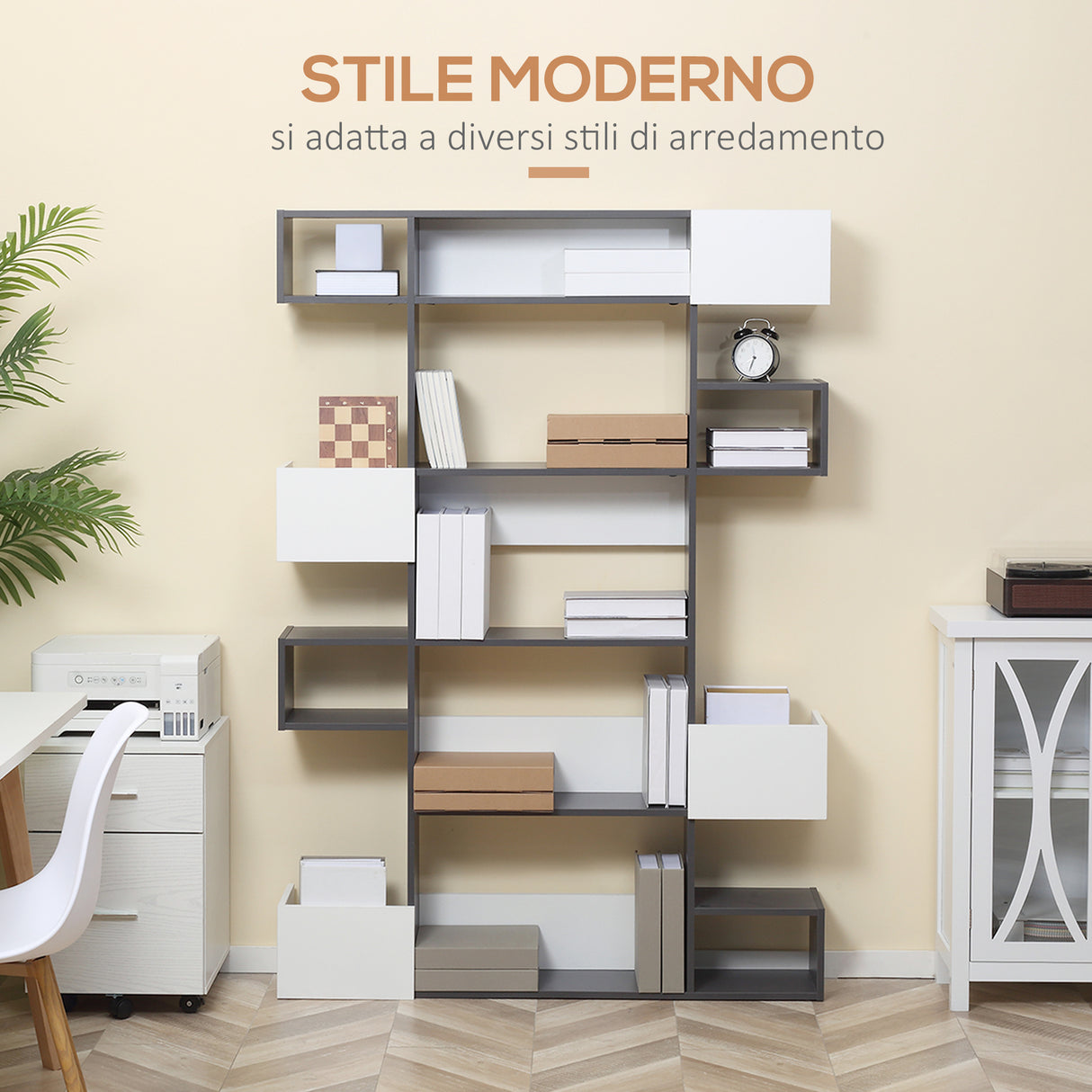 immagine-4-easycomfort-easycomfort-libreria-moderna-a-5-livelli-con-8-ripiani-aperti-in-truciolato-120x20x171-cm-grigia-e-bianca