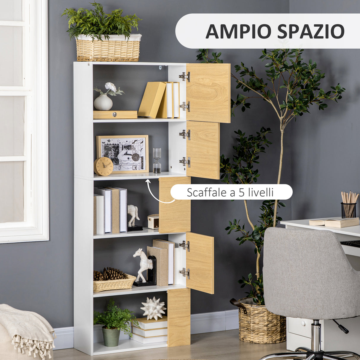 immagine-4-easycomfort-easycomfort-libreria-moderna-con-scaffali-asimmetrici-e-ante-soft-close-63x22x166cm-bianco-e-naturale