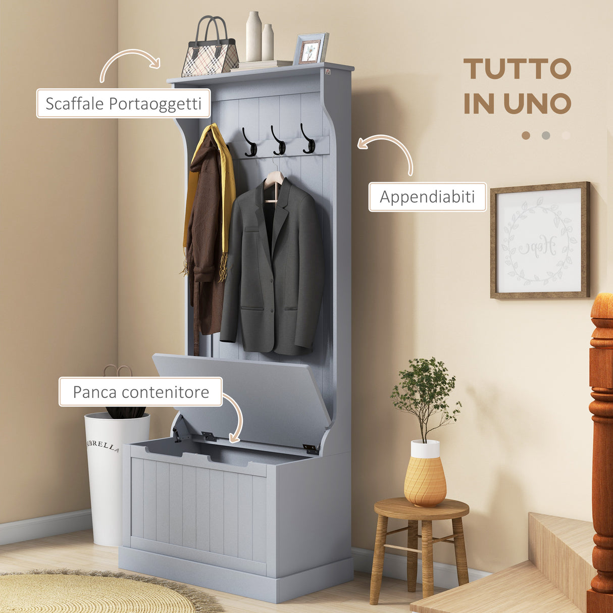 easycomfort easycomfort mobile appendiabiti 3 in 1 con 4 ganci e panca contenitore in legno 71 5x39 5x170 cm grigio