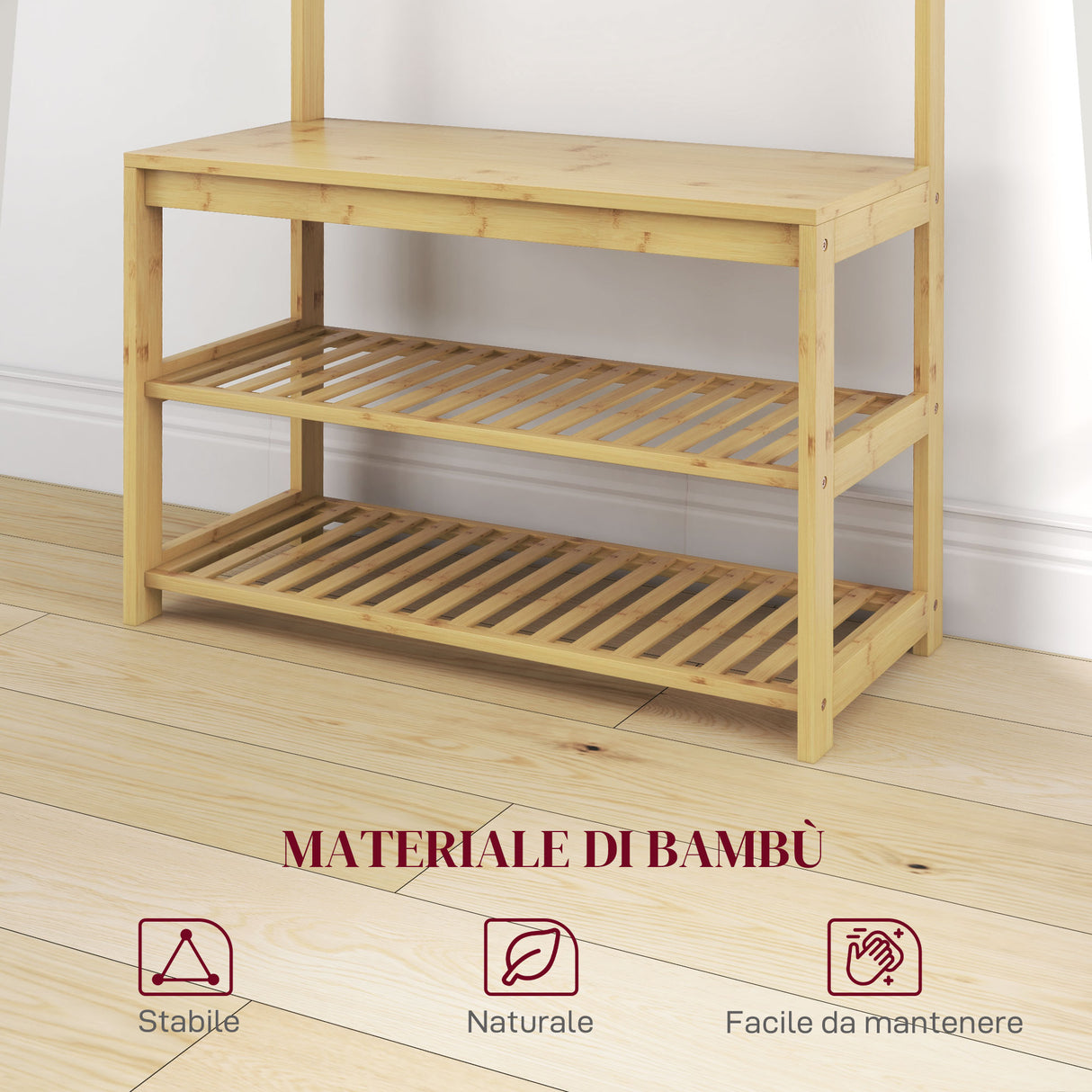 easycomfort easycomfort mobile appendiabiti 3 in 1 in bambu con 10 ganci 2 aste e panca scarpiera 70x31x170 cm marrone
