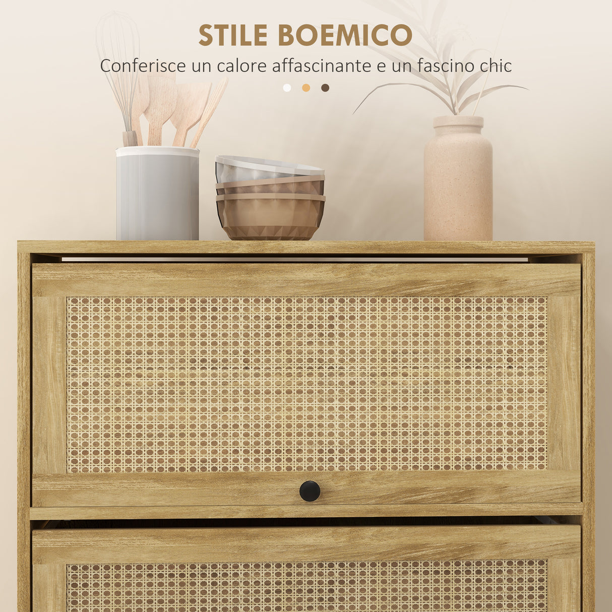 easycomfort easycomfort mobile cucina in stile boho con 4 ante a ribalta in truciolato e rattan 70x32x132 8 cm