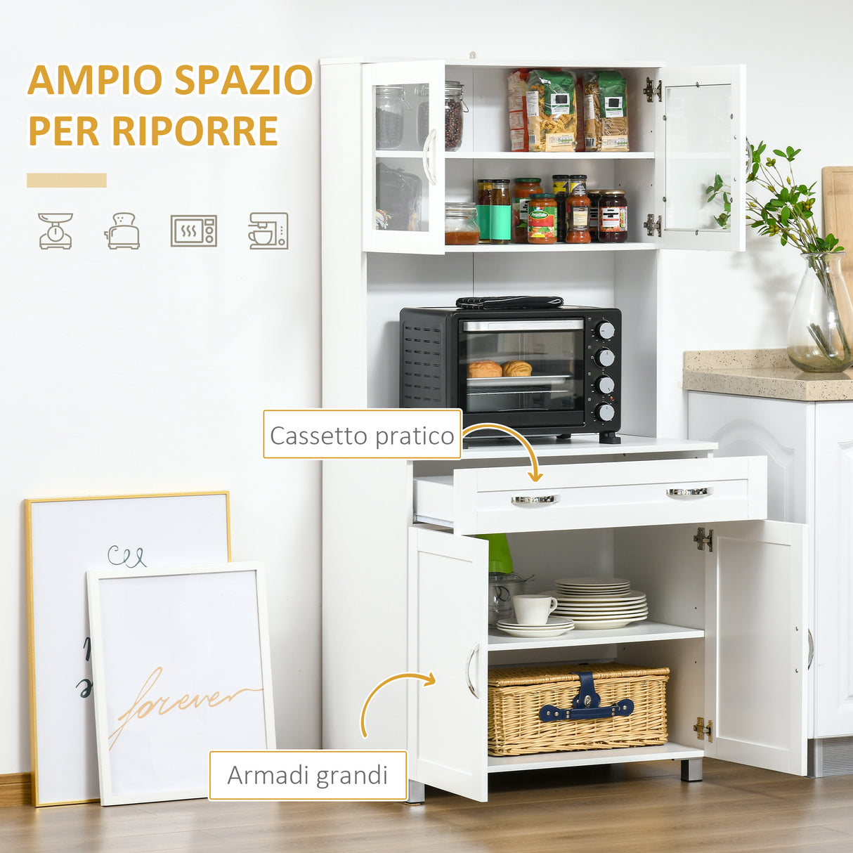 easycomfort easycomfort mobile cucina moderno con 2 armadietti ante in vetro e mensole regolabili 80x48x170 cm bianco