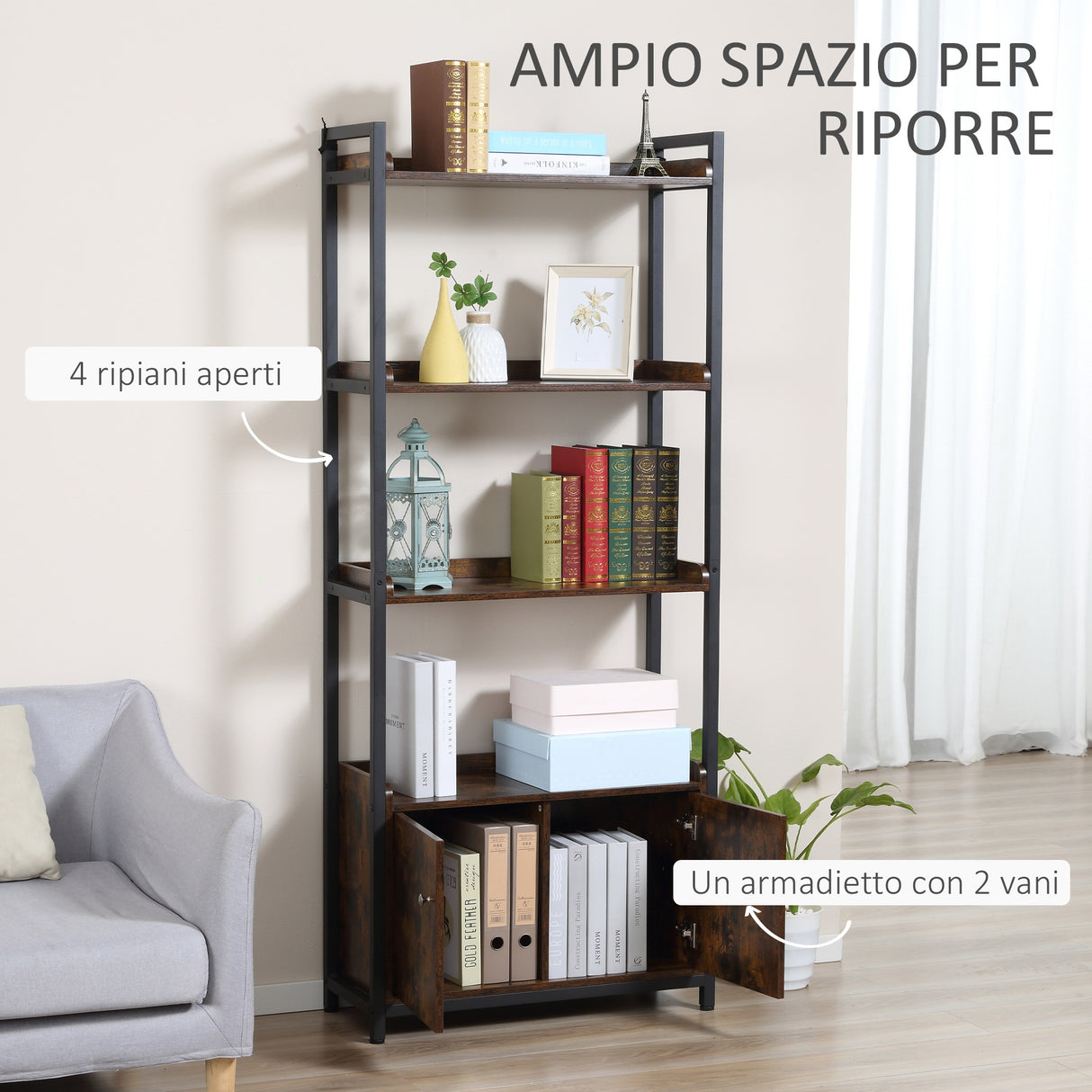 immagine-4-easycomfort-easycomfort-mobile-libreria-4-ripiani-con-armadietto-a-2-ante-libreria-scaffale-in-stile-industriale-per-casa-e-ufficio-75x30x180cm-marrone