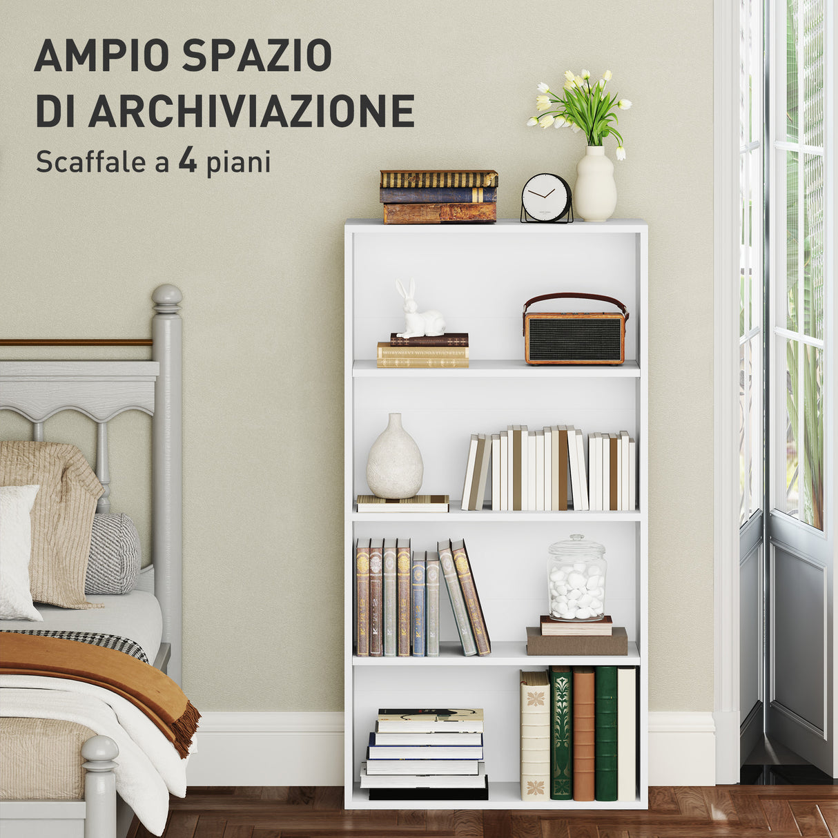easycomfort easycomfort mobile libreria a 4 ripiani con 2 scaffali flessibili in legno 60x24x115 5 cm bianco
