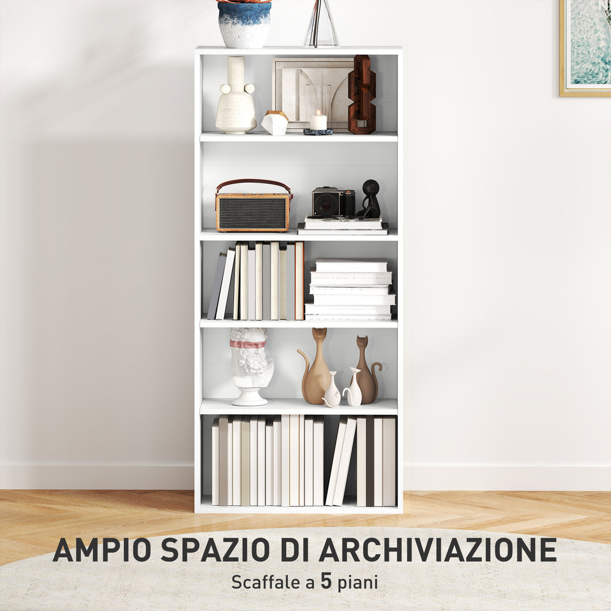 easycomfort easycomfort mobile libreria a 5 ripiani con 3 scaffali flessibili in legno 60x24x133 5 cm bianco