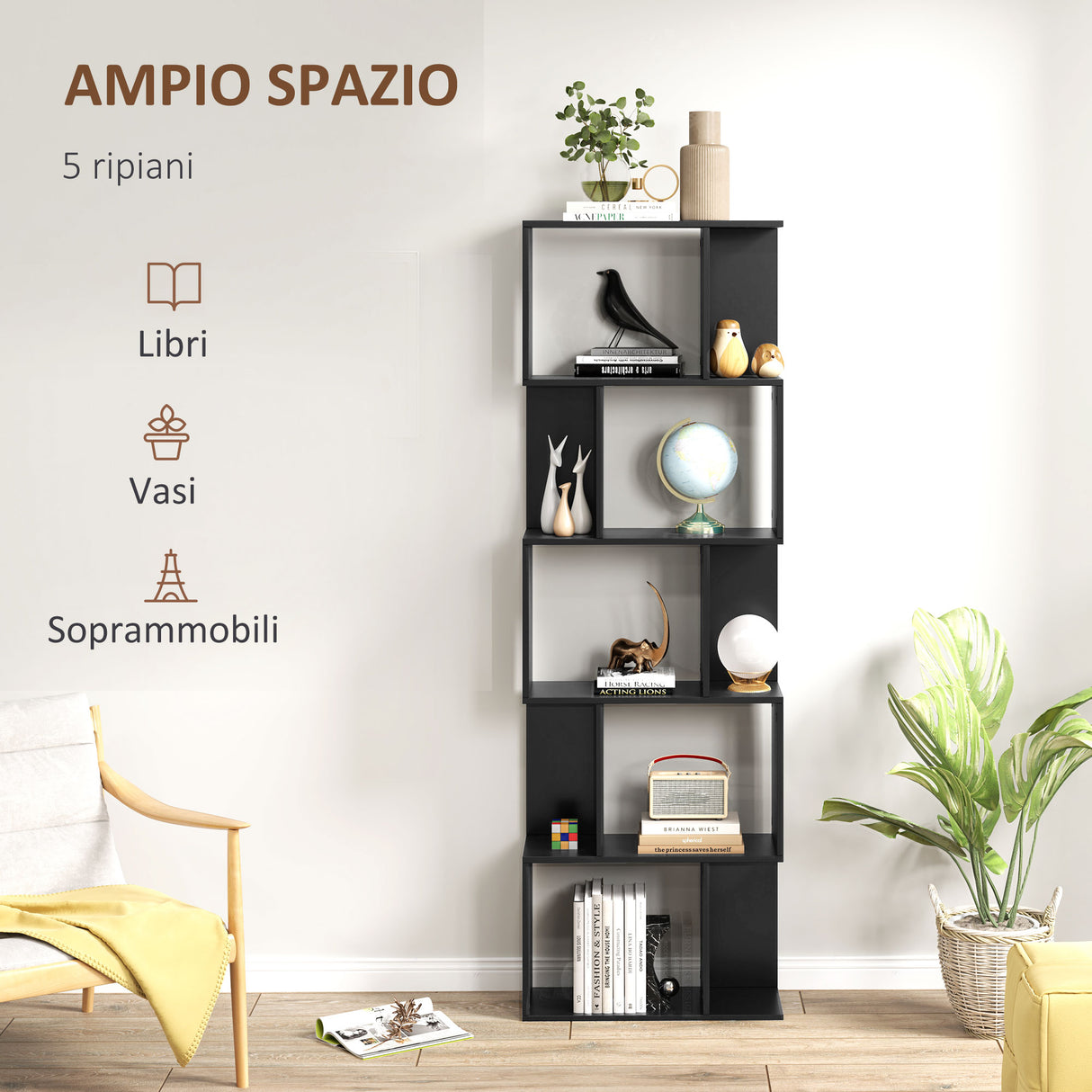 easycomfort easycomfort mobile libreria in legno a 5 ripiani design moderno in legno 60x24x184 5 cm nero