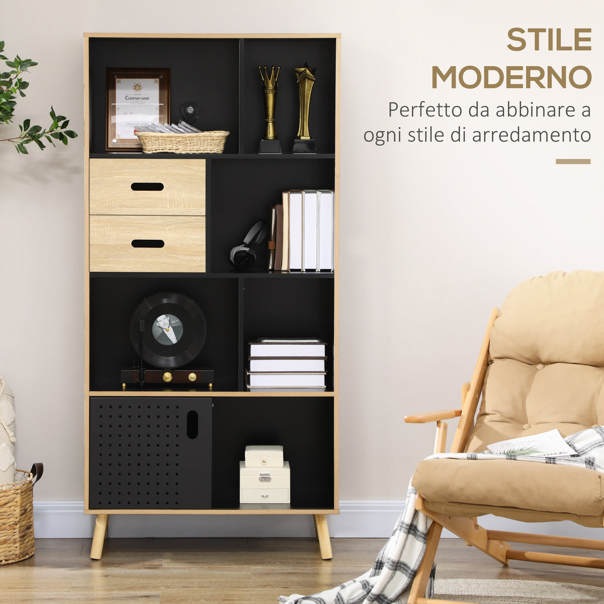 immagine-4-easycomfort-easycomfort-mobile-libreria-moderna-in-mdf-e-truciolato-con-2-cassetti-e-7-ripiani-aperti-80x40x165-cm