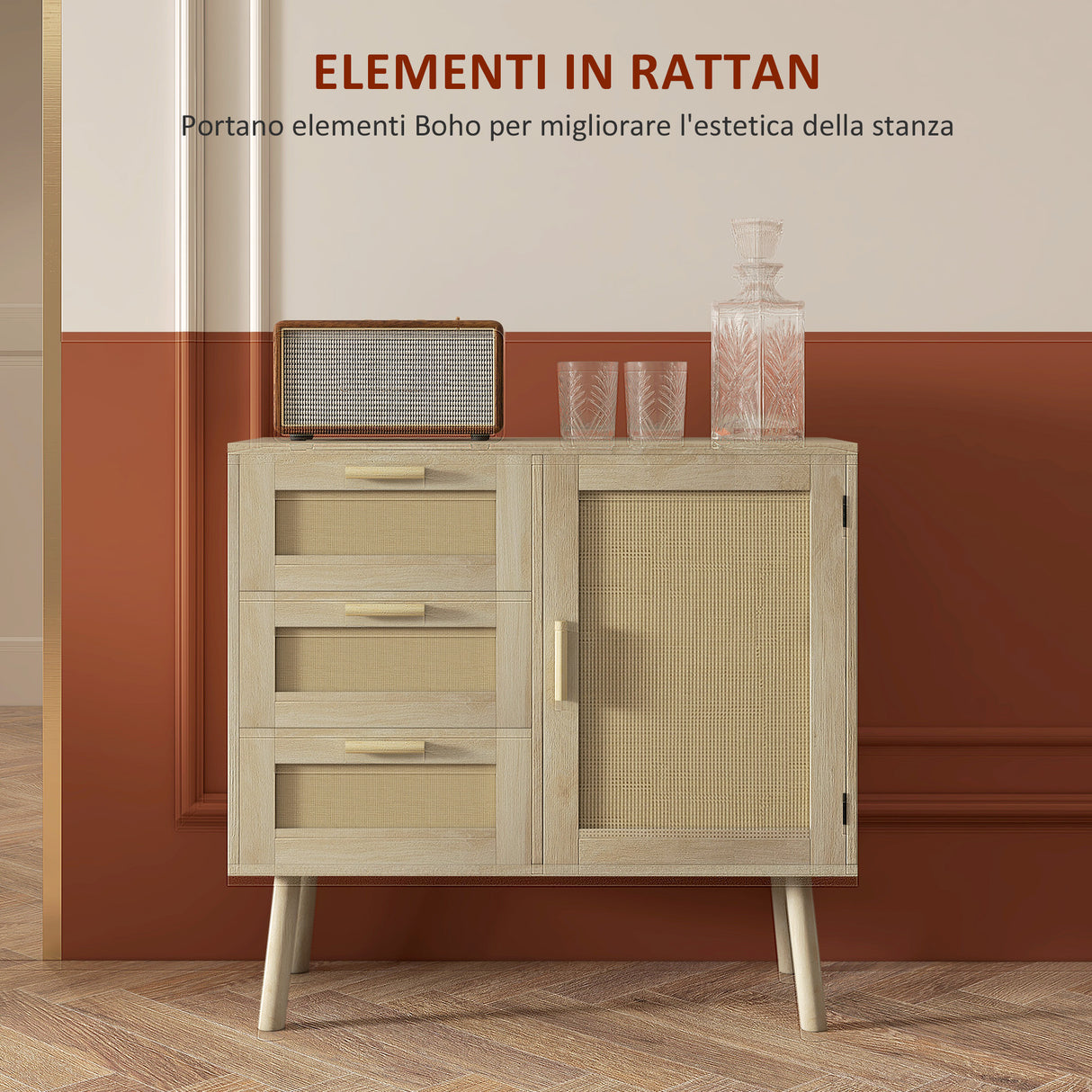 easycomfort easycomfort mobile multiuso stile boho con armadietto e 3 cassetti in legno e rattan 80x36x75cm rovere