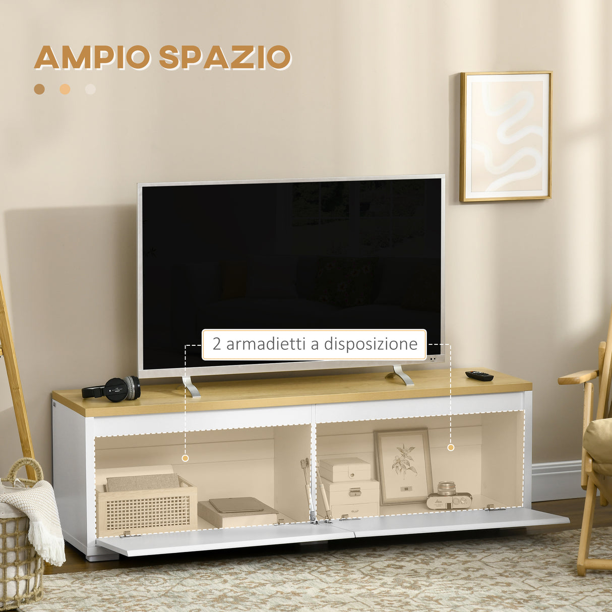 immagine-4-easycomfort-easycomfort-mobile-porta-tv-fino-a-65-con-armadietti-e-ante-a-ribalta-in-truciolato-140x37x45cm-bianco-e-color-legno
