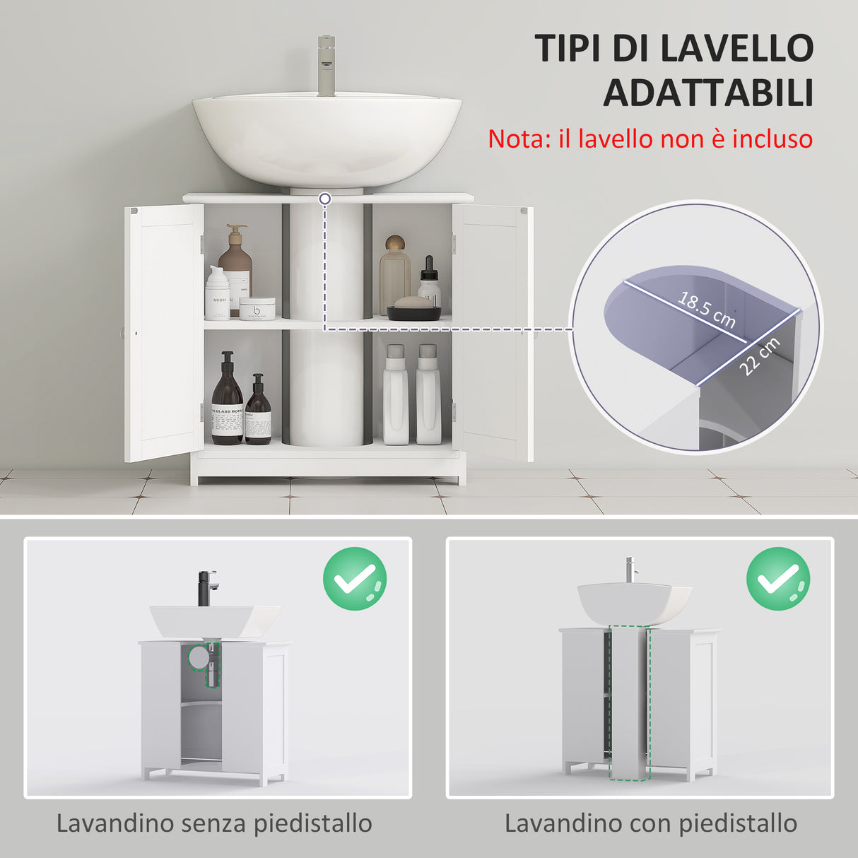 easycomfort easycomfort mobile sottolavabo a 2 ante con ripiano regolabile e intaglio a u 60x30x60 cm bianco