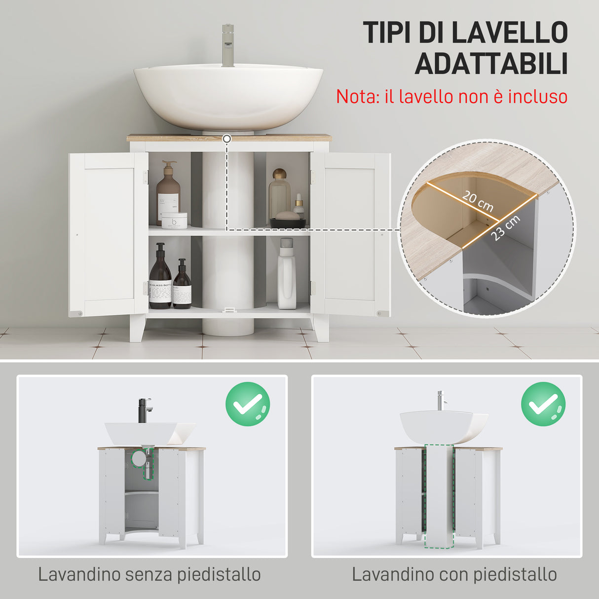 easycomfort easycomfort mobile sottolavabo bagno a u con ripiano regolabile interno in mdf 60x30x60 cm bianco e color legno