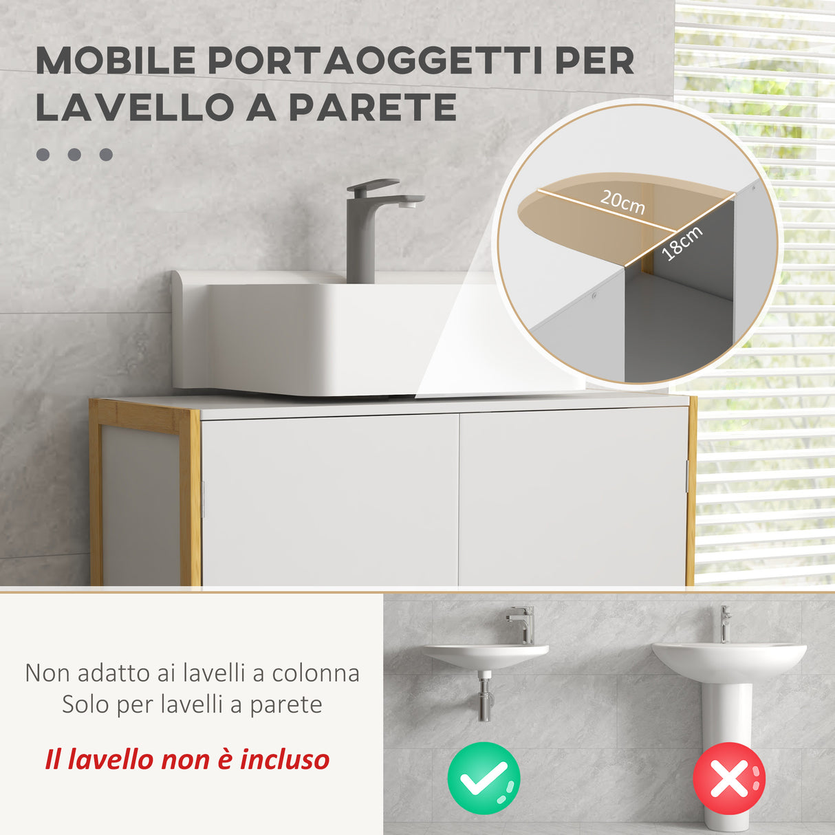 easycomfort easycomfort mobile sottolavabo bagno con 2 ante a pressione in bambu e mdf con intaglio a u 70x33x79 5cm bianco