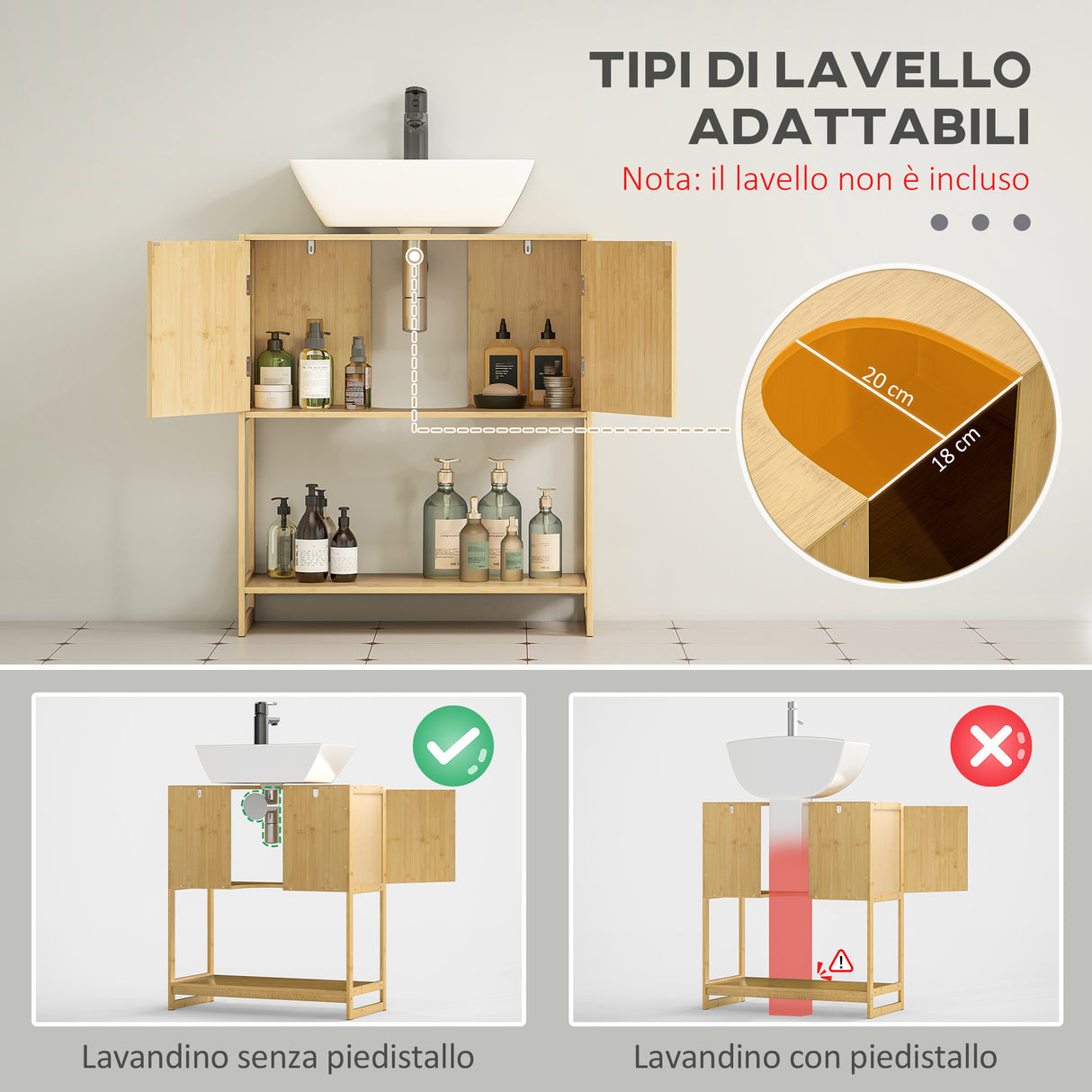 easycomfort easycomfort mobile sottolavabo bagno con 2 ante e ripiano aperto intaglio a u per tubi 70x33x79 5cm colore legno