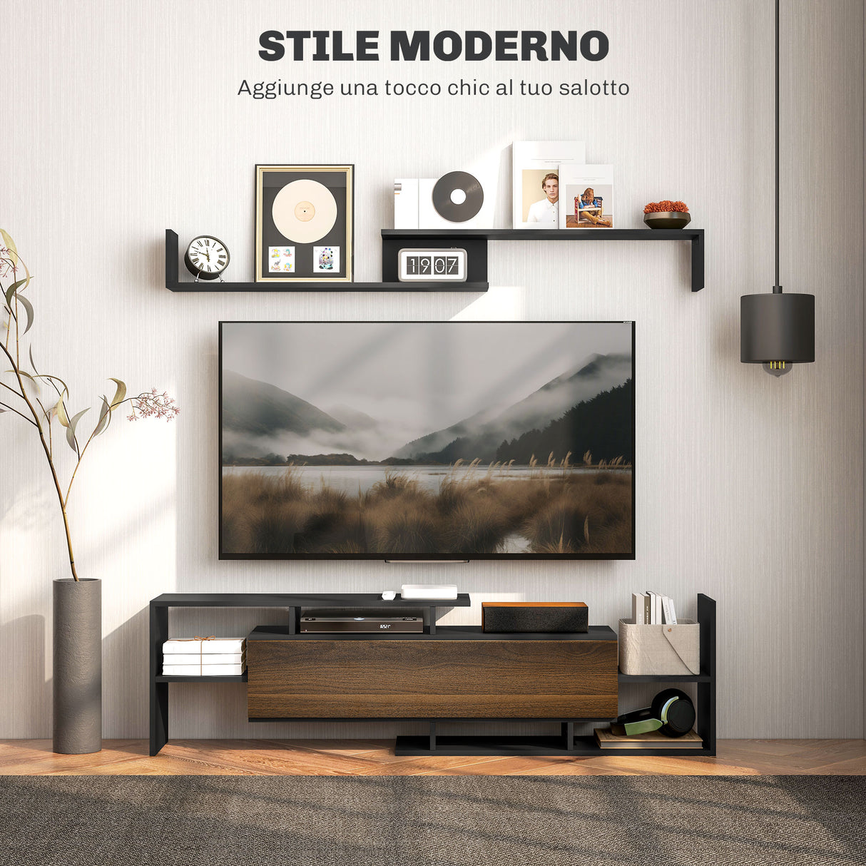easycomfort easycomfort mobile tv con mensola a muro ripiani aperti e armadietto in legno nero e marrone