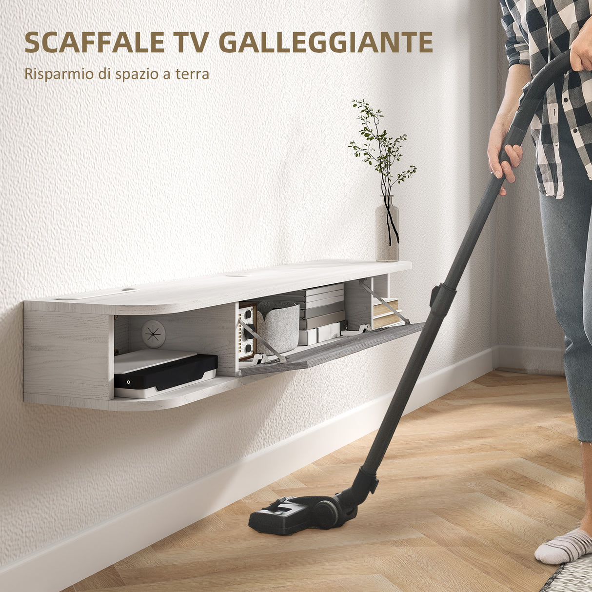 easycomfort easycomfort mobile tv sospeso in legno con 2 ripiani aperti e armadietto 120x26x16 cm bianco e grigio