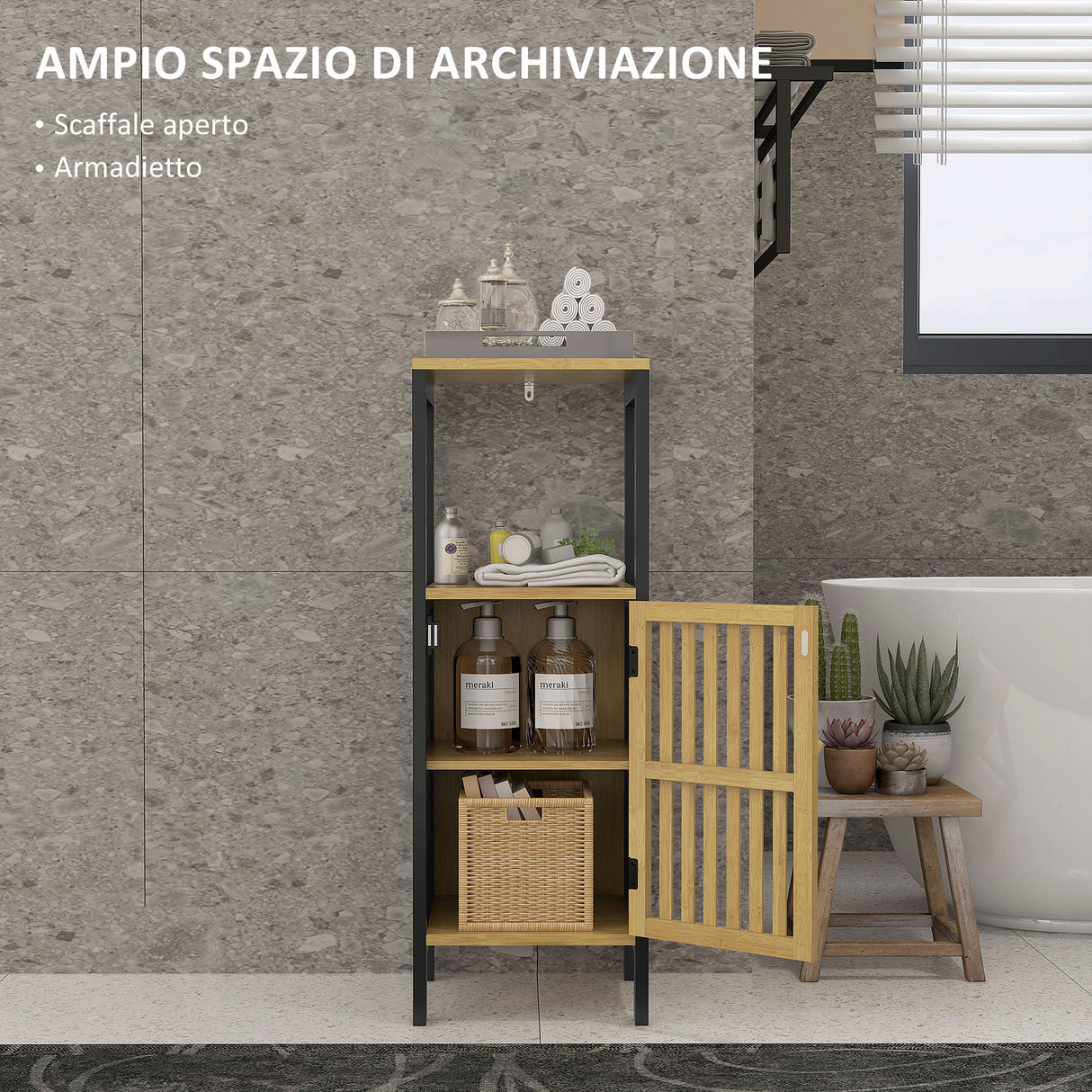 easycomfort easycomfort mobiletto bagno con ripiano aperto e armadietto in mdf e bambu 32x30x90 5 cm nero e color legno