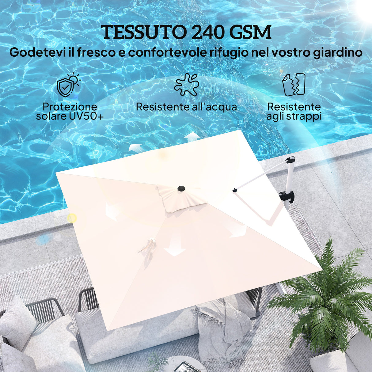 easycomfort easycomfort ombrellone a braccio inclinabile con base a croce in poliestere alluminio e metallo 295x295x260 cm cachi