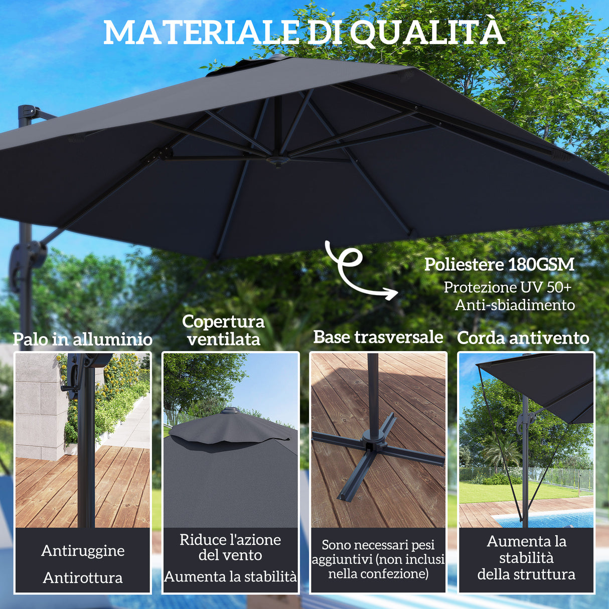 easycomfort easycomfort ombrellone da giardino 2 5x2 5 m a braccio girevole a 360 con manovella e base a croce grigio scuro