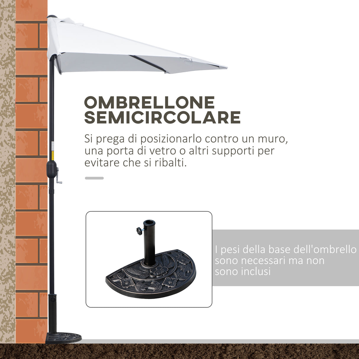 easycomfort easycomfort ombrellone da terrazza a mezzaluna con apertura a manovella e palo a 2 sezioni 2 6x1 35 m bianco