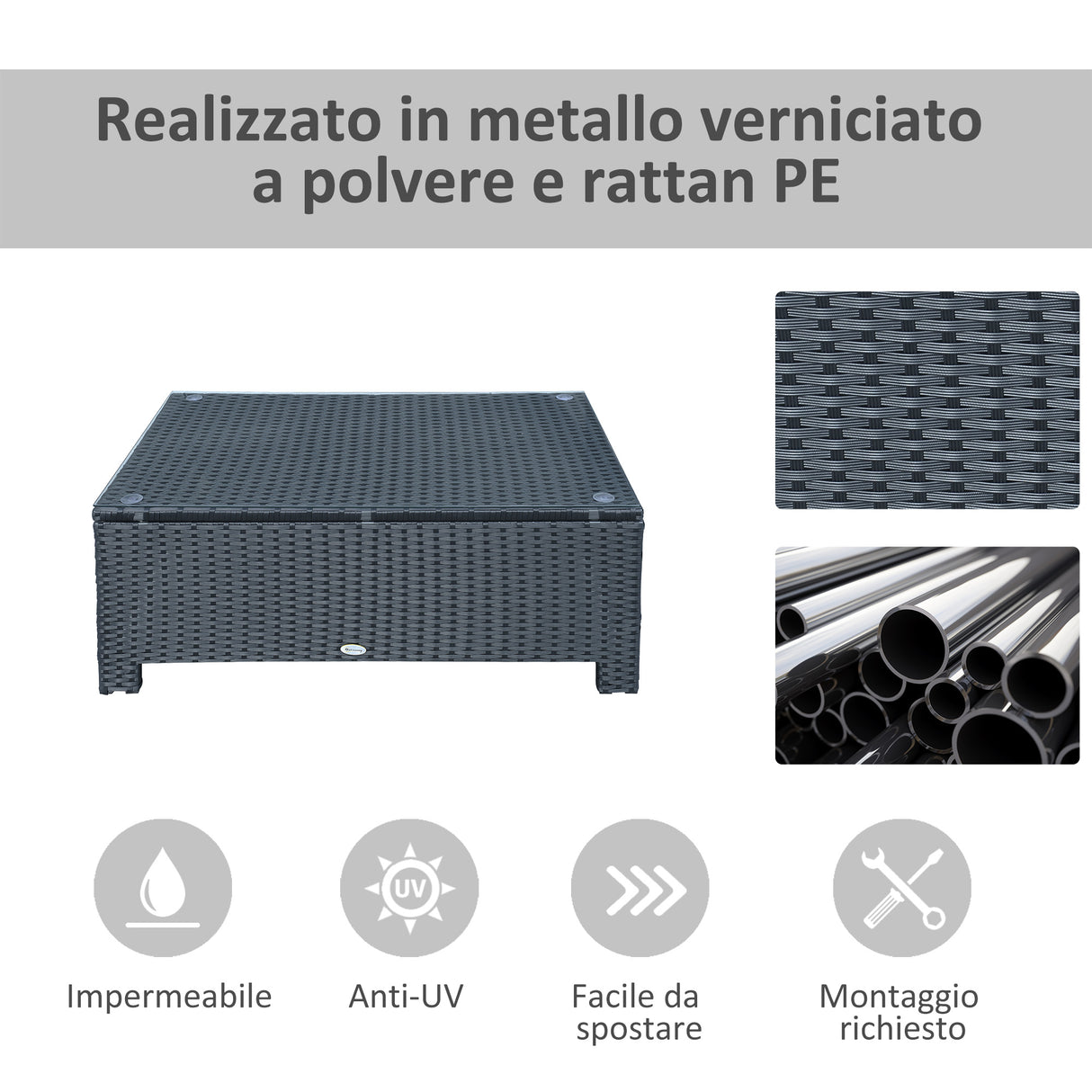 easycomfort easycomfort ousunny tavolino da esterni in rattan pe con piano in vetro temperato 85x50x39cm nero