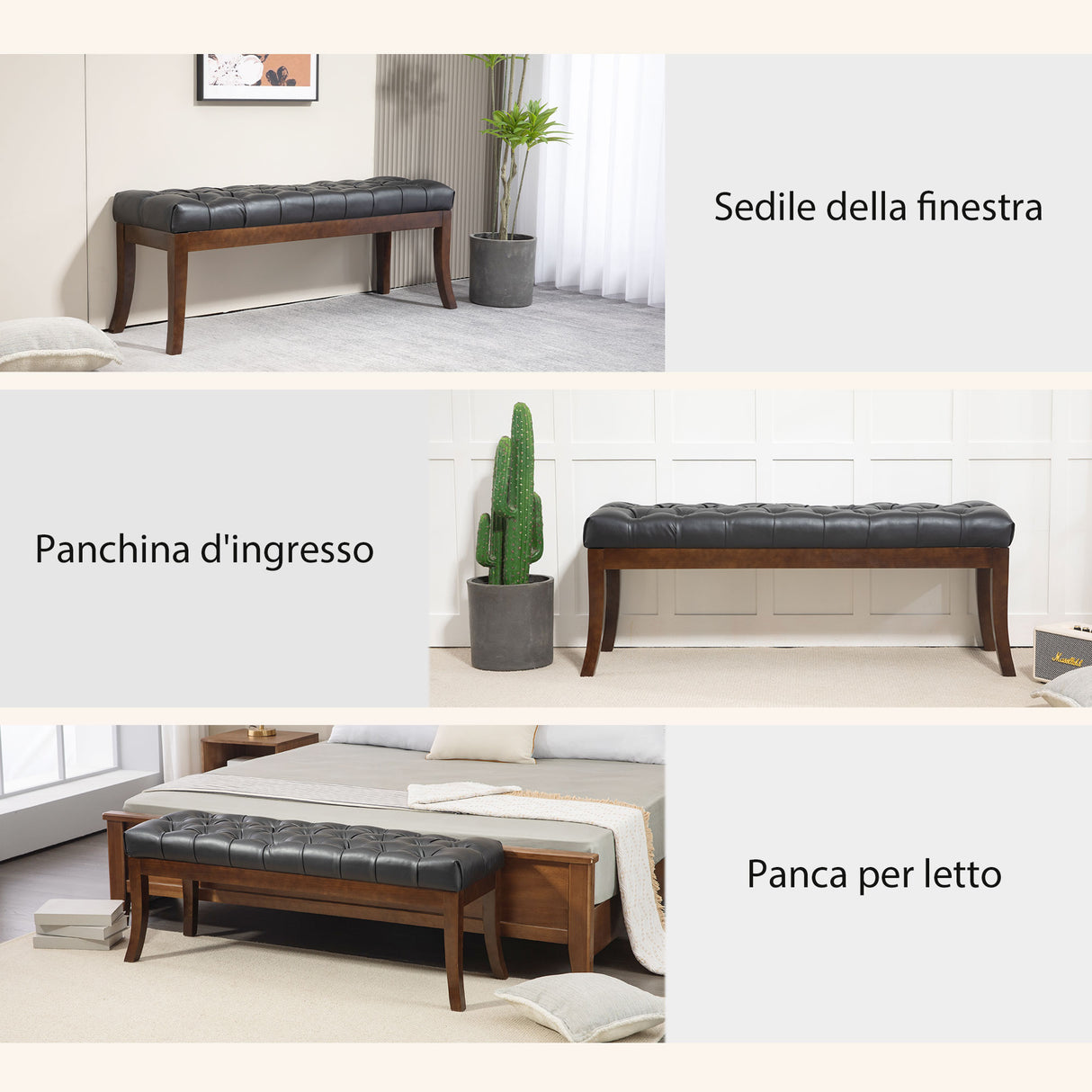 easycomfort easycomfort panca fondo letto imbottita con design a bottoni e gambe ricurve in pelle pu e legno 120x38x46 cm nero