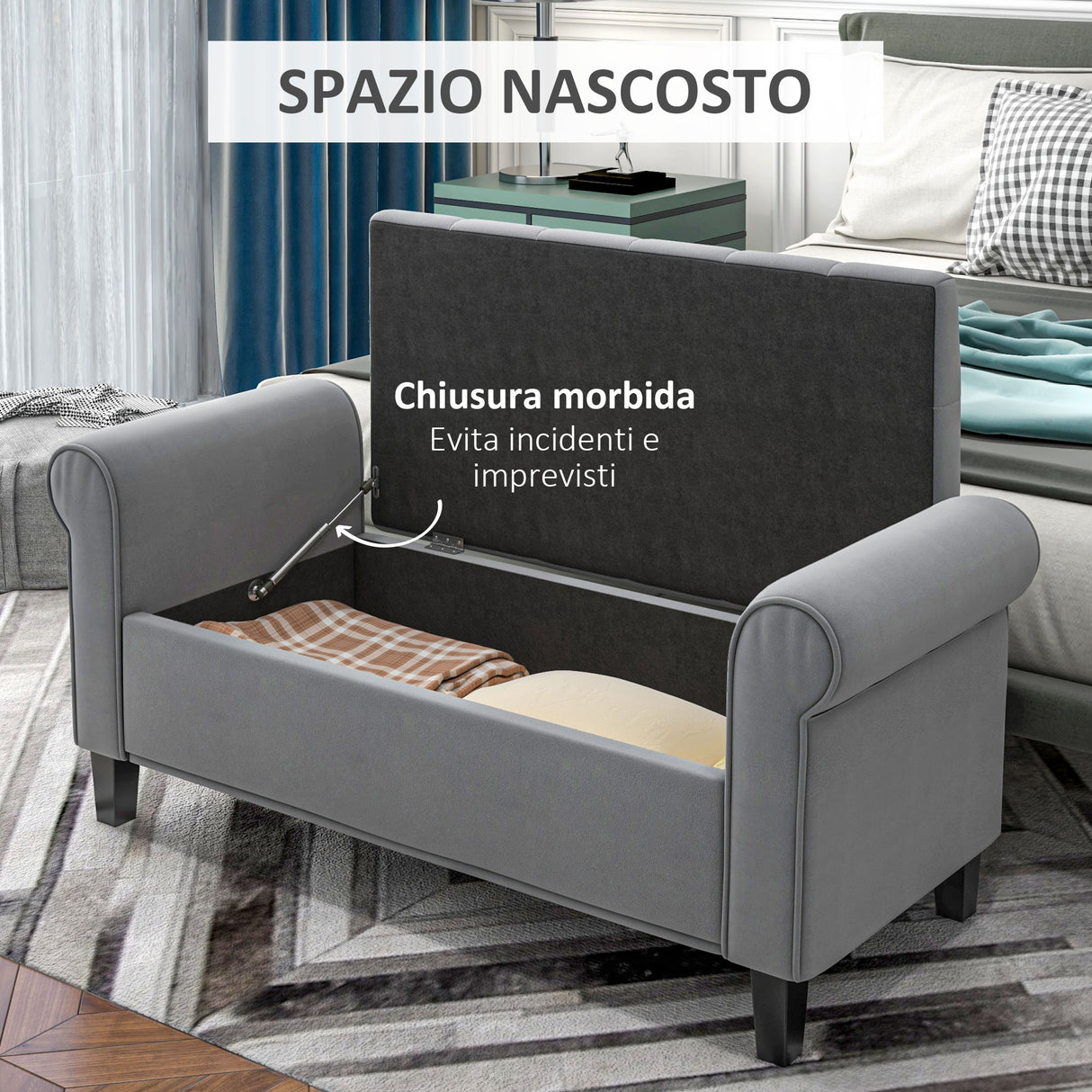 easycomfort easycomfort panca fondo letto in tessuto vellutato con spazio portaoggetti e braccioli 126x48 5x57 cm grigio