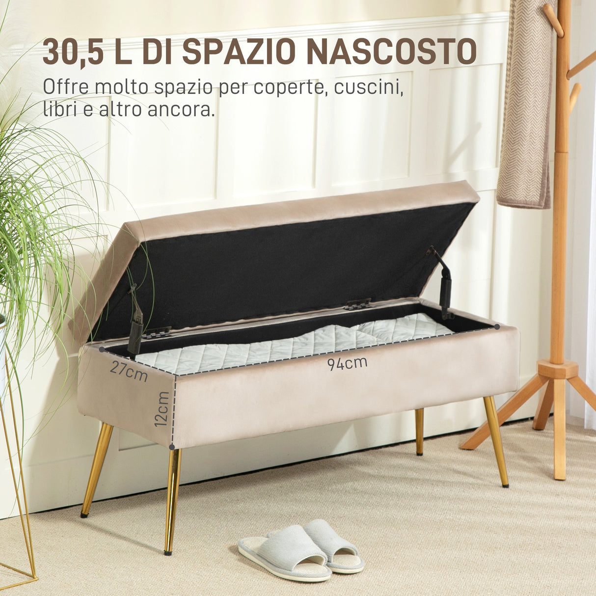easycomfort easycomfort panca fondoletto imbottita da 30 5l con gambe affusolate in tessuto effetto velluto 102x35x43 cm beige