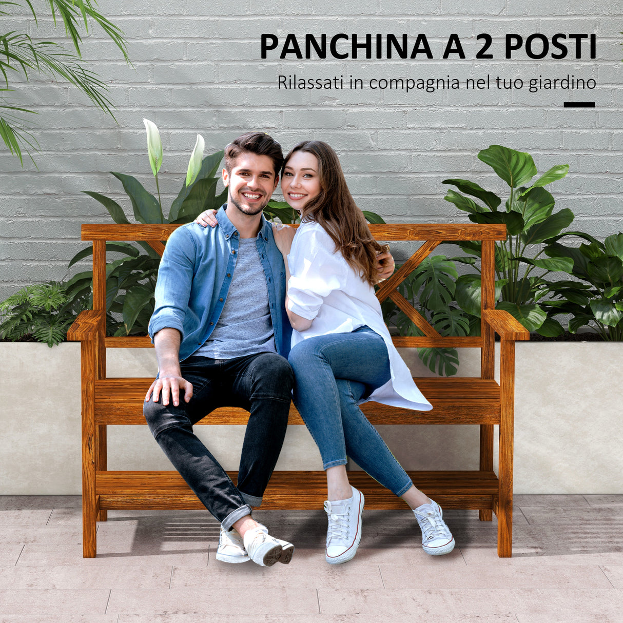 easycomfort easycomfort panchina da giardino 2 posti in legno con ripiano e braccioli 125x58x88cm legno