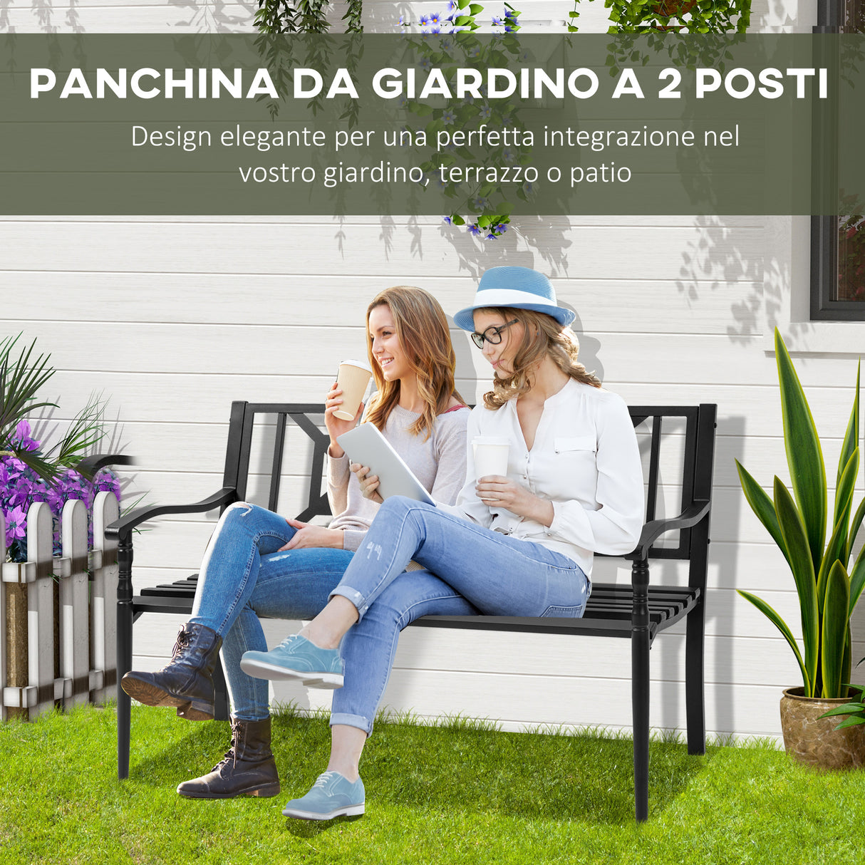 easycomfort easycomfort panchina da giardino in acciaio a 2 posti con schienale alto e braccioli 128x62 5x81 5 cm nero