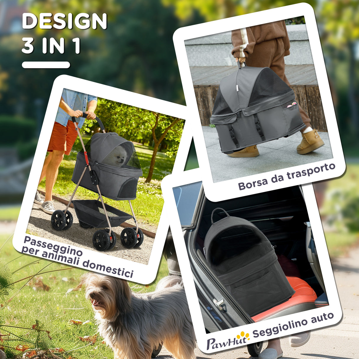 easycomfort easycomfort passeggino per cani 3 in 1 pieghevole con borsa trasportino e cestino inferiore grigio