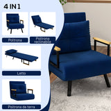 easycomfort easycomfort poltrona letto 3 in 1 con schienale reclinabile e cuscino in tessuto effetto velluto 63x73x81 cm blu